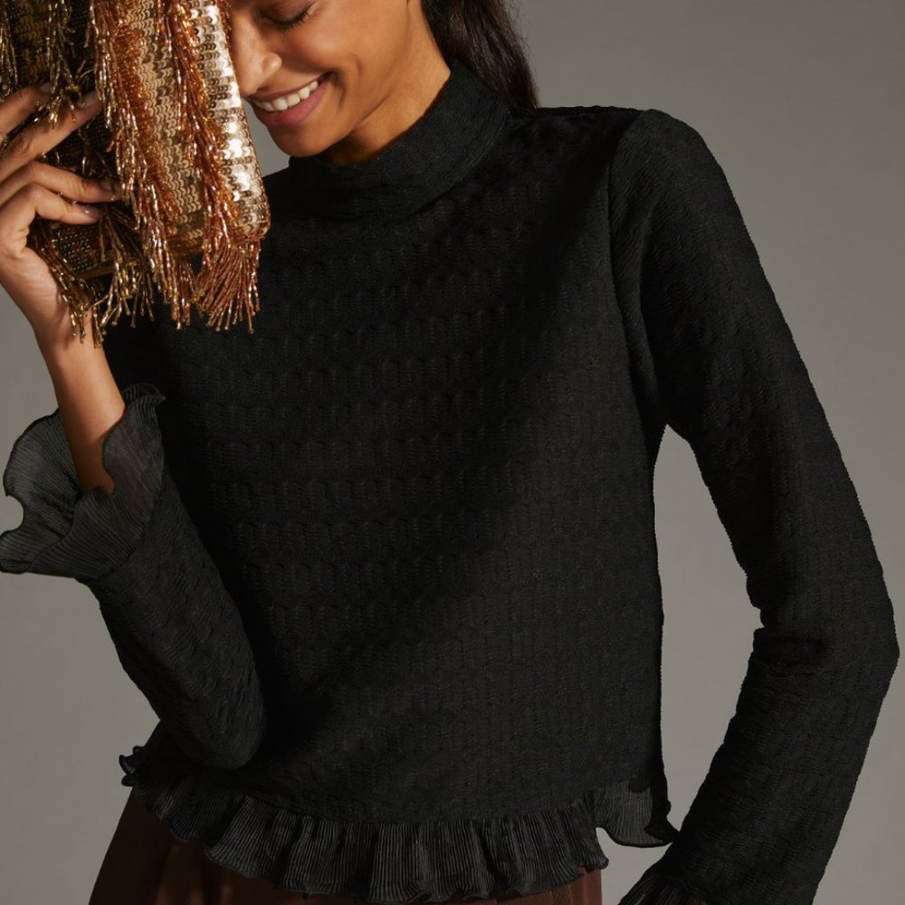 Anthropologie Blue Tassel Ruffled Turtleneck Pullover